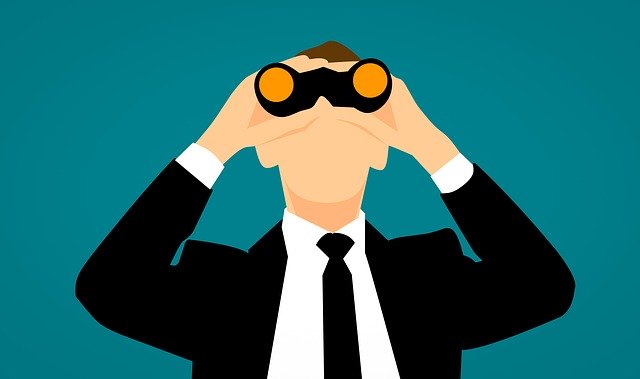 A drawing of a man looking through binoculars.